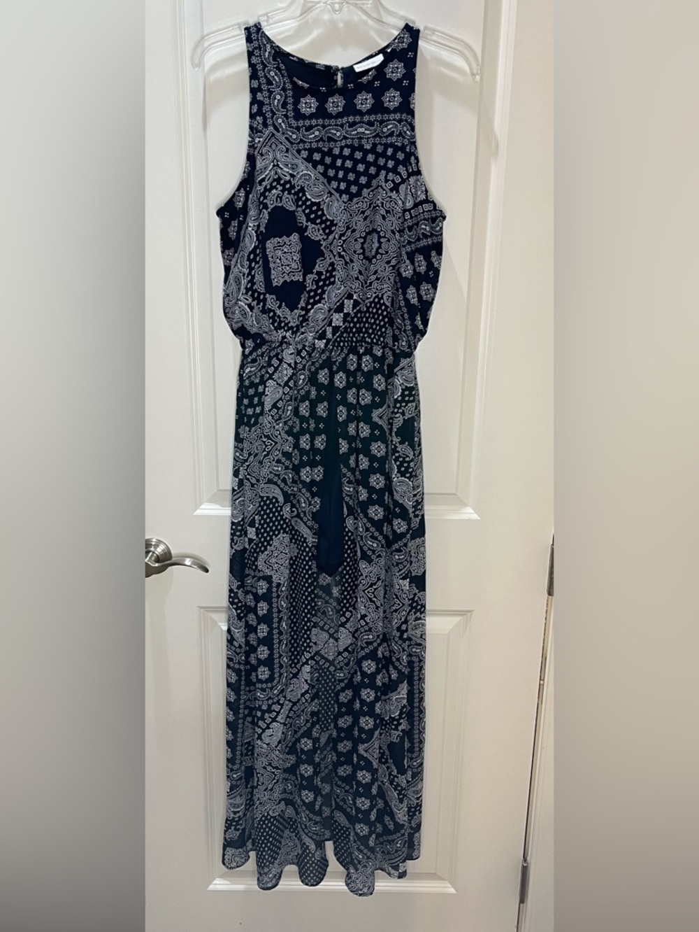 New York & Co Navy & White Bandana-Print Maxi Romper Dress w/Pockets Size M